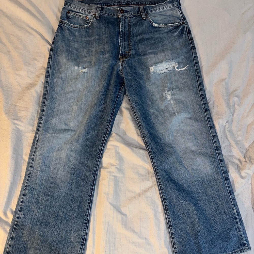 Thrifted distressed blue jeans, size 36x30